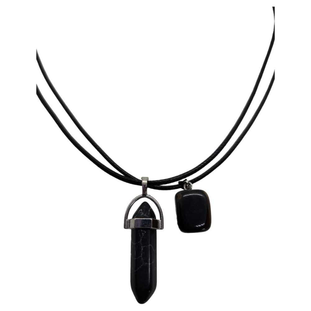 Set Of 2 Gemstones Black Leather Necklace 18"